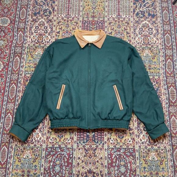 Bullock & Jones Other - VTG 80s 90s Bullock & Jones Wool Leather Trim Bomber Jacket Green 44 Harrington
